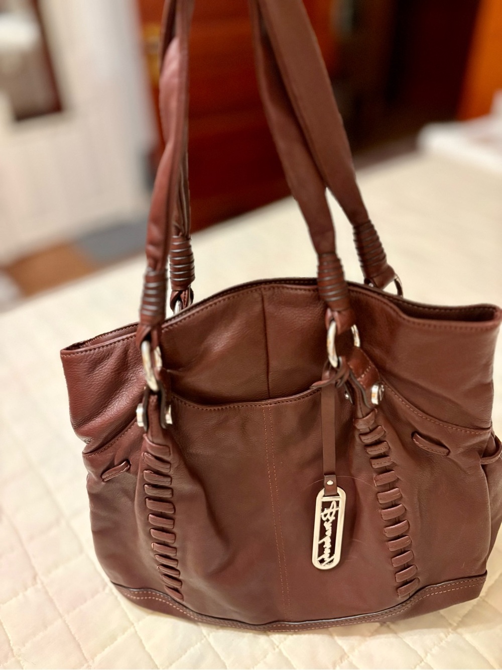 B. Makowsky Genuine Leather Braided Hobo Bag with Leopard Print Liner